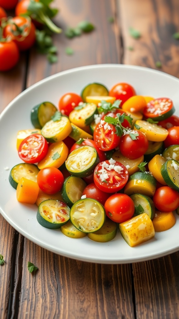 A colorful dish of sautéed zucchini, tomatoes, and bell peppers garnished with herbs on a wooden table.